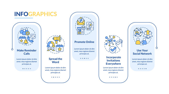 Engaging guests on business meeting rectangle infographic template. Data visualization with 5 steps. Editable timeline info chart. Workflow layout with line icons. Lato-Bold, Regular fonts used