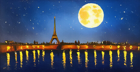 Paris city at night oil painting palette knife on canvas. Starry night and full moon cityscape. Popular touristic place. Trendy wall art print, poster, creative design.