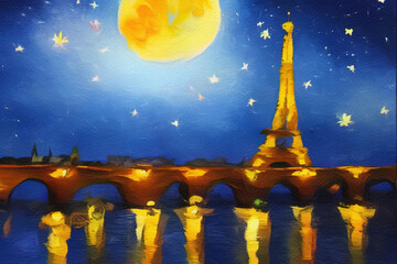 Paris city at night oil painting palette knife on canvas. Starry night and full moon cityscape. Popular touristic place. Trendy wall art print, poster, creative design.