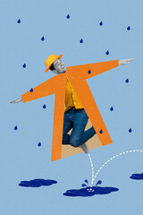 Vertical collage image of overjoyed guy arms wings fly jump puddle rainy weather isolated on...