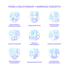 Fixing relationship and marriage blue gradient concept icons set. Healthy communication with partner idea thin line color illustrations. Isolated symbols. Roboto-Medium, Myriad Pro-Bold fonts used