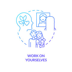 Work on yourselves blue gradient concept icon. How to save relationship abstract idea thin line illustration. Self esteem and love. Mind growth. Isolated outline drawing. Myriad Pro-Bold font used