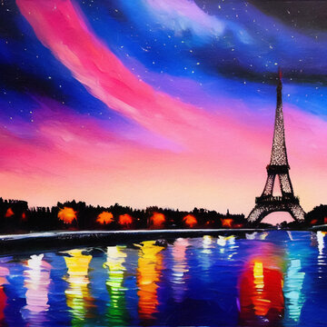Paris city at night oil painting palette knife on canvas. Starry night and full moon cityscape. Popular touristic place. Trendy wall art print, poster, creative design.