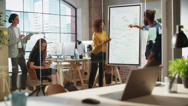 Excited Marketing Manager Leading a Team Meeting in Creative Office Conference Room. Confident Multiethnic Female Showing Project Plan Presentation on Digital Whiteboard Monitor.