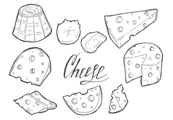 Cheese organic milk butter fresh food vector hand drawn illustration set, menu label, banner poster identity, branding. Stylish design with sketch illustration of Cheese variations cuisine sketch.