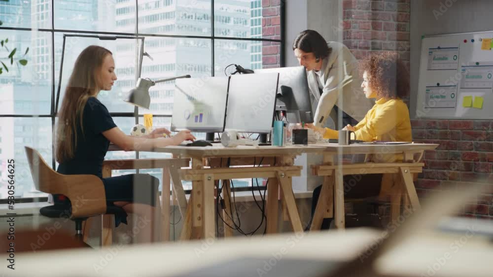 Poster Creative Multicultural Colleagues Collaborate on a Project and Work Together as a Team. Marketing Manager and Designer Talking and Discussing Changes to an Advertising Campaign for a Startup.