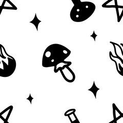 Line doodle black magic seamless pattern with mushroom and magic potion isolated on white background