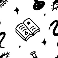 Line doodle black magic seamless pattern with magic spell book isolated on white background