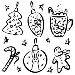 Christmas set - Christmas cup, ball, gingerbread man. Hand drawn style. Vector illustration. Merry Christmas. New Year.