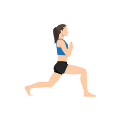 Woman doing High lunge quad stretch, Alanasan. Practice Ashta Chandrasana. Flat vector illustration isolated on white background