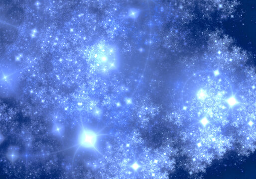 Abstract blue and white fractal art background of infinitely repeating glowing sparkles.