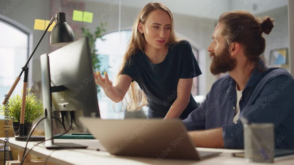 Aufkleber portrait of two young entrepreneurs talking, using a computer to discuss a corporate project. stylis