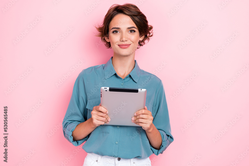 Sticker Portrait of pretty nice person hands hold use tablet typing chatting isolated on pink color background