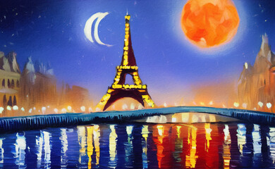 Paris city at night oil painting palette knife on canvas. Starry night and full moon cityscape. Popular touristic place. Trendy wall art print, poster, creative design. - 530565433
