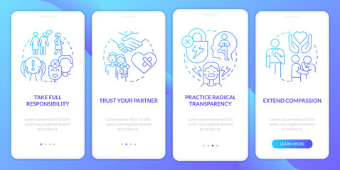 Fixing struggling relationship blue gradient onboarding mobile app screen. Walkthrough 4 steps graphic instructions with linear concepts. UI, UX, GUI template. Myriad Pro-Bold, Regular fonts used