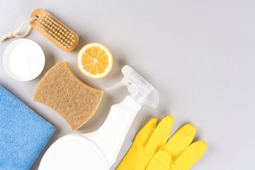 Green householding. Natural household cleaners - spray bottle, baking soda, lemon, citric acid,...
