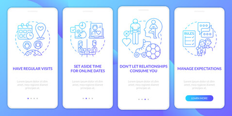 Surviving long-distance love blue gradient onboarding mobile app screen. Walkthrough 4 steps graphic instructions with linear concepts. UI, UX, GUI template. Myriad Pro-Bold, Regular fonts used
