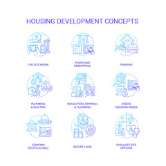 Fototapeta na wymiar Housing development blue gradient concept icons set. Building construction processes idea thin line color illustrations. Isolated symbols. Roboto-Medium, Myriad Pro-Bold fonts used