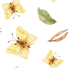 Yellow autumn butterfly and leafs. Seamless watercolor pattern with butterfly and leaves.