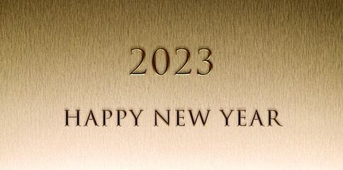 2023 Happy new year Gold Text Effect on gold metallic texture background. brushed brass texture.