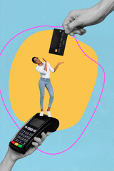 Vertical collage picture of mini person between two huge arms hold pos terminal credit card isolated on painted background