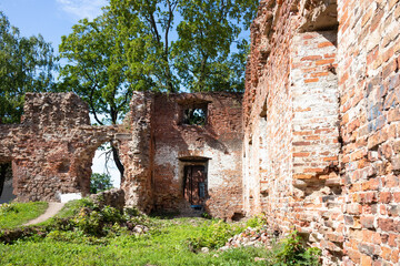 Brick wall of ruined building, green grass and trees, sunny summer day