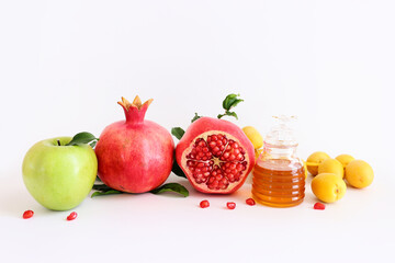 Rosh hashanah (jewish New Year holiday) concept. Traditional symbols over white background
