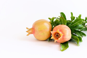 Rosh hashanah (jewish New Year holiday) concept. Pomegranate traditional symbol over white background