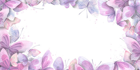 Fototapeta na wymiar Horizontal frame of delicate, lilac and pink butterflies. Watercolor illustration. For registration and design of invitations, certificates, postcards, posters, ads, advertisements, flyers.