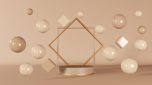 Neutral beige cube podium stage 3d animation.Geometric brown pedestal marketing design composition.Minimal scene levitating glossy sphere bubble Cosmetic product shiny showcase presentation background