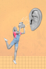 Collage banner of black white filter girl spreading bla news isolated on yellow pastel color...
