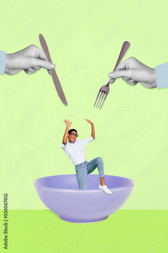 Sticker Vertical collage illustration of two big arms black white gamma hold knife fork eat mini person inside bowl isolated on drawing background