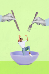 Vertical collage illustration of two big arms black white gamma hold knife fork eat mini person...