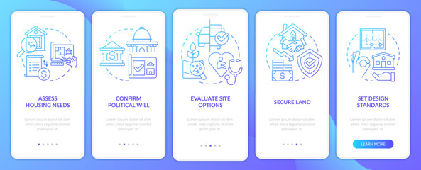 Housing development tips blue gradient onboarding mobile app screen. Project walkthrough 5 steps graphic instructions with linear concepts. UI, UX, GUI template. Myriad Pro-Bold, Regular fonts used