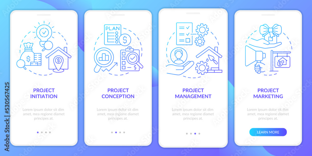 Poster developing real estate projects blue gradient onboarding mobile app screen. walkthrough 4 steps grap