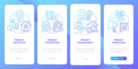 Developing real estate projects blue gradient onboarding mobile app screen. Walkthrough 4 steps graphic instructions with linear concepts. UI, UX, GUI template. Myriad Pro-Bold, Regular fonts used
