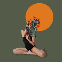 Contemporary art collage. Creative artwork with beautiful slim woman's body with flower plant instead head. Surrealism