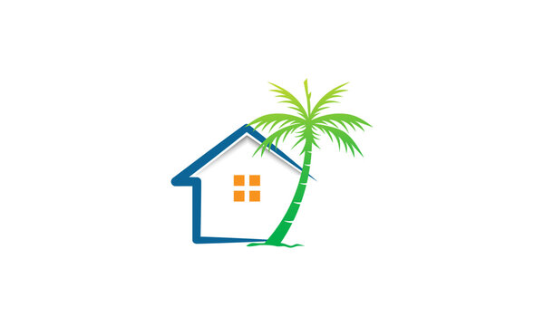 Creative Beach house logo design vector. Roof house beach wave on the sunny day summer template illustration