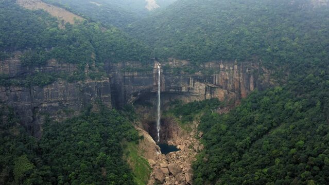 Tallest Plunge Waterfall In Sheer Mountains - NohKaLikai Falls In Meghalaya, Near Cherrapunji, India. Aerial Drone Shot