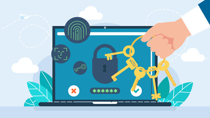 PC security concept. Secure connection, privacy and protection. Traffic Encryption, VPN. Bunch of keys to open padlock and get access to hack privacy, activities and user data. Illustration © Yurii