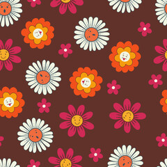Smiley Face Daisy Flowers Vector Seamless Pattern