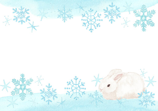 水彩絵の具で描いた雪と白うさぎの背景フレーム	
