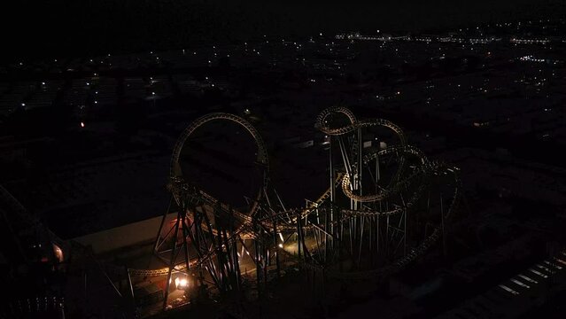 Aerial nighttime footage of Fantasy Island amusement park in the town of Ingoldmells near the seaside town of Skegness.