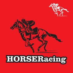 Fototapeta na wymiar HORSE RACING LOGO, silhouette of running horse with jockey, vector illustrations