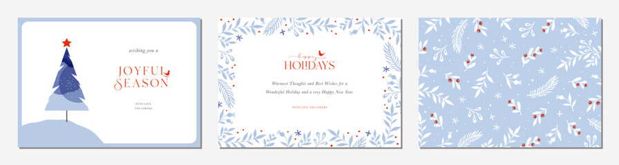 Winter Holiday cards. Universal Christmas templates with decorative Christmas Tree, floral background and frame with copy space, birds and greetings.