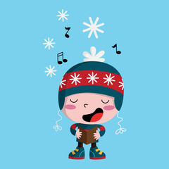 Fototapeta na wymiar Funny singer boy under the snow, winter cillustration