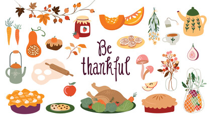 Thanksgiving collection with seasonal elements, pumpkins, sweets and autumnal decoration, autumnal design