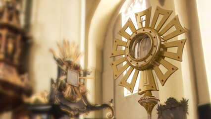 Jesus Christ in the monstrance present in the Sacrament of the Eucharist - 3D illustration