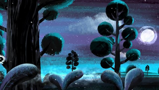 Night landscapes wood with trees. Cute moving background with moon fog and clouds. Sweet cartoon animation with beautiful animated clouds and plants.