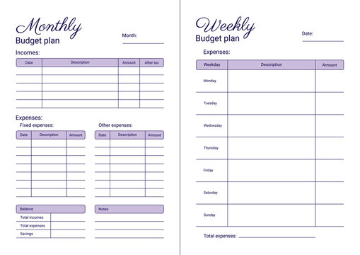 Personal budget plan concept. Monthly and weekly printable template, A4 format. Illustration on a white background.